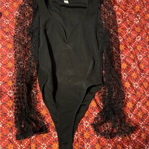 Elegant Black Bodysuit with Sheer Sleeves SHEIN Small